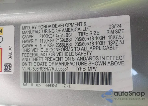 2024 Honda Cr-V Ex-L 2Wd from USA, damaged, VIN 5J6RS3H77RL005531